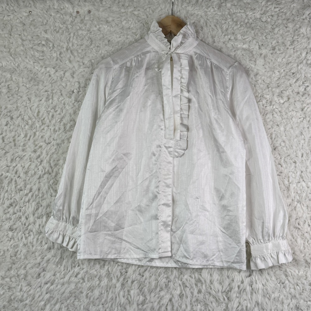 Aslan Blouse Womens Size 9 White High‎ Neck Ruffle Sheer Long Sleeve Button Tie
